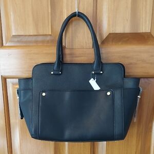 •🆕 Madison West Bold Black Hand Bag or Adjustable Shoulder Bag, Gold Accents